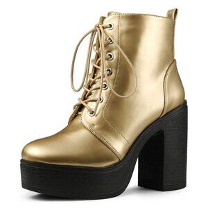 Allegra K Women's Platform Chunky High Heel Lace Up Gold Combat Boots - 10 M US